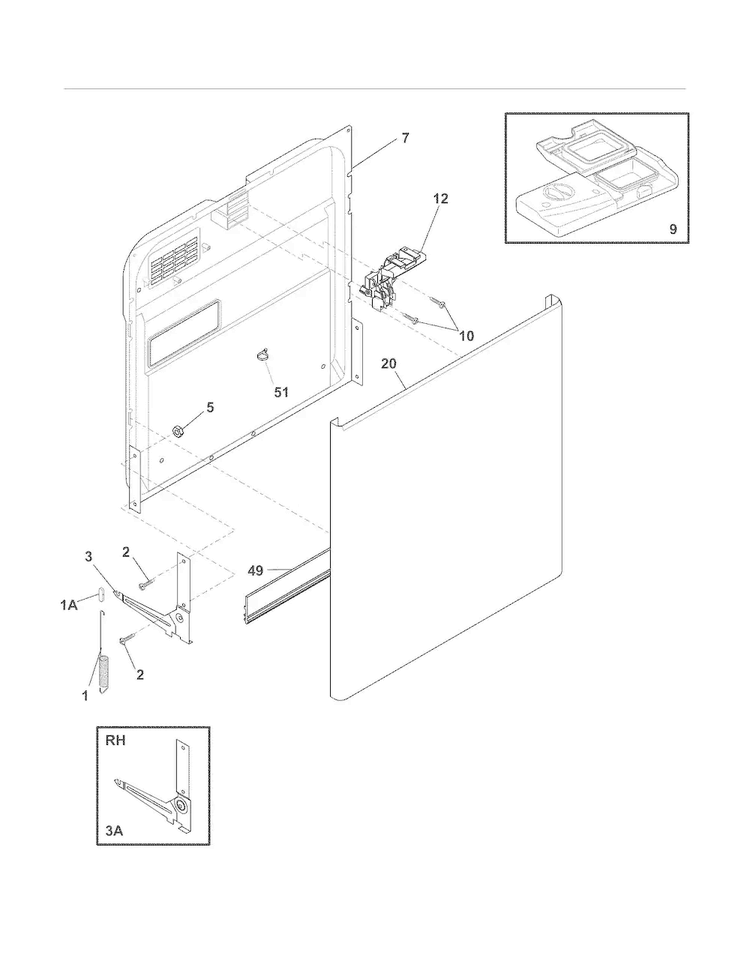 Door Diagram and Parts List for FFBD2404NQ0A  Frigidaire Dishwasher