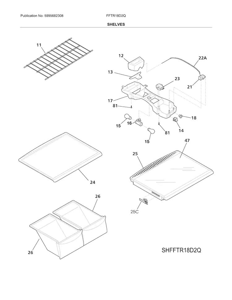 Shelves Diagram and Parts List for FFTR18D2QW6A  Frigidaire Refrigerator
