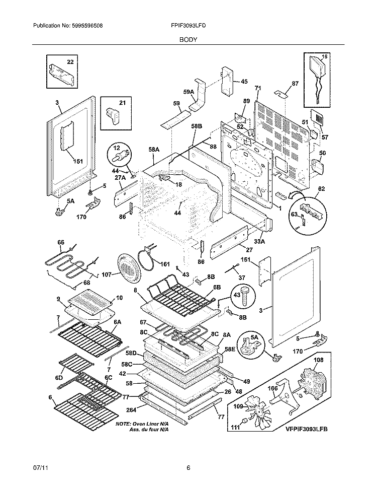 BODY Diagram and Parts List for FPIF3093LFD  Frigidaire Range