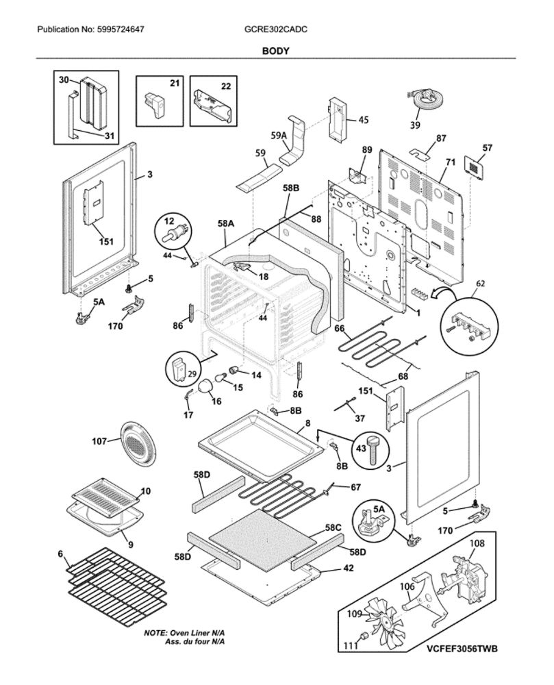 Body Diagram and Parts List for GCRE302CADC  Frigidaire Range