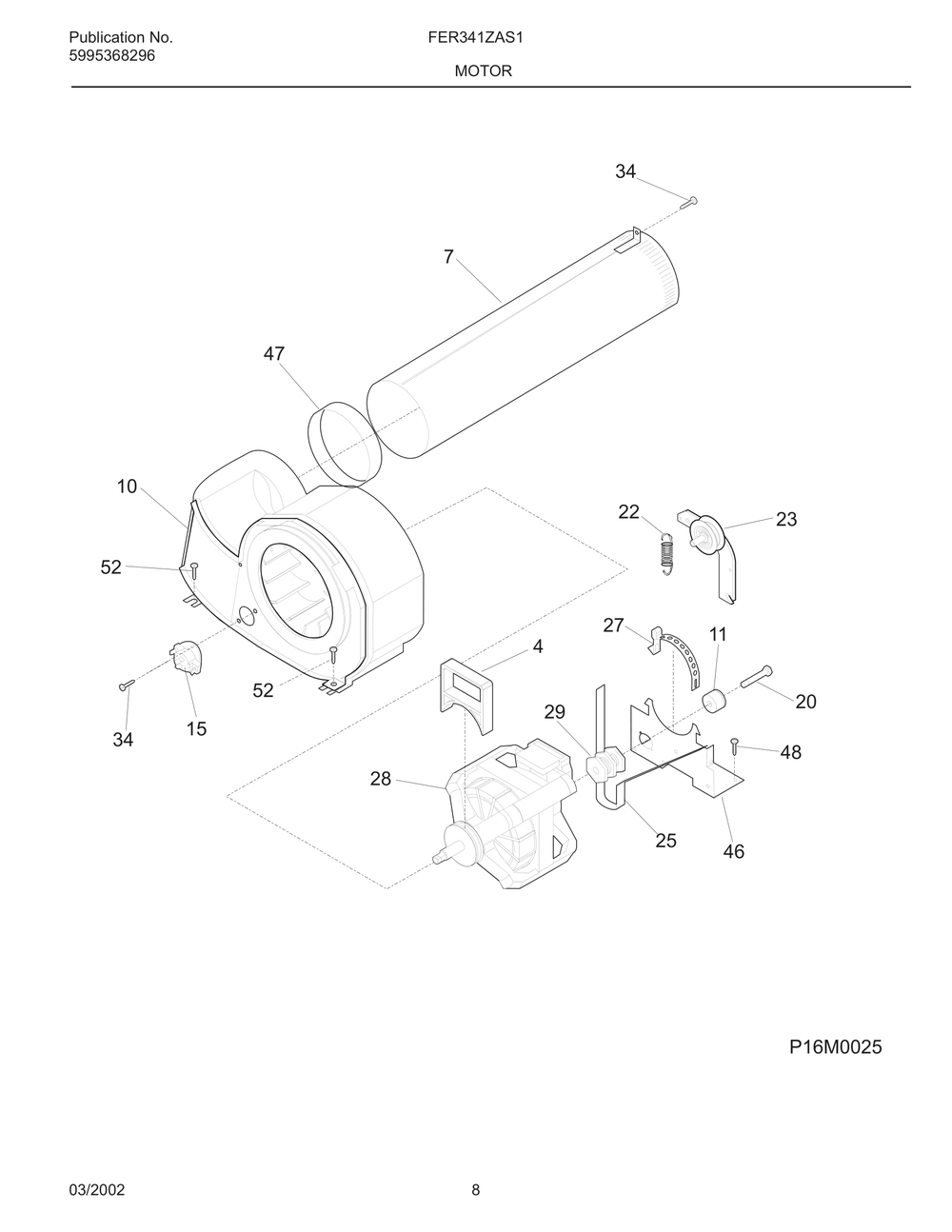 Motor Diagram and Parts List for FER341ZAS1  Frigidaire Dryer