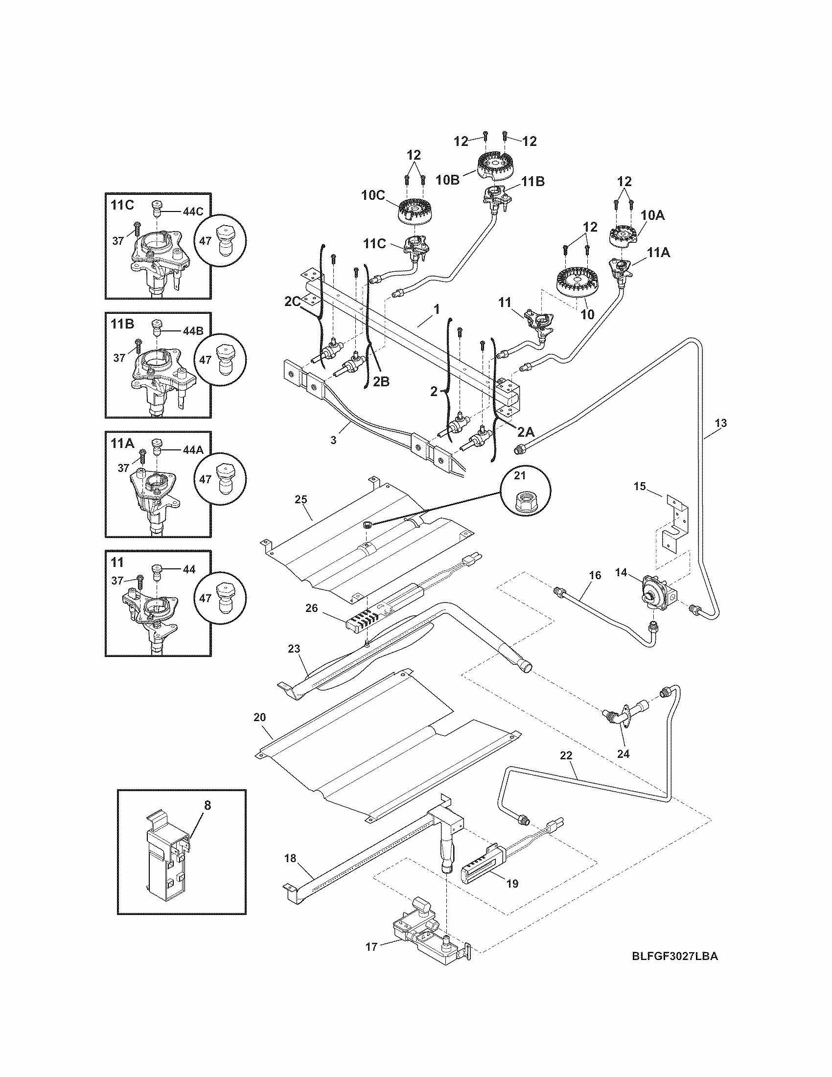 Burner Diagram and Parts List for 79074043310  Kenmore Range