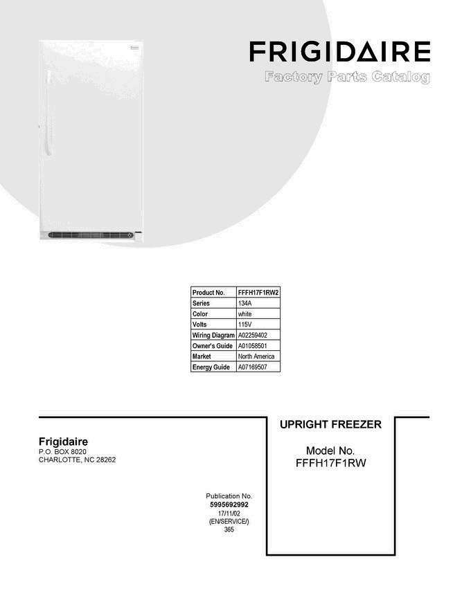 01 - Cover Sheet Diagram and Parts List for FFFH17F1RW2  Frigidaire Freezer