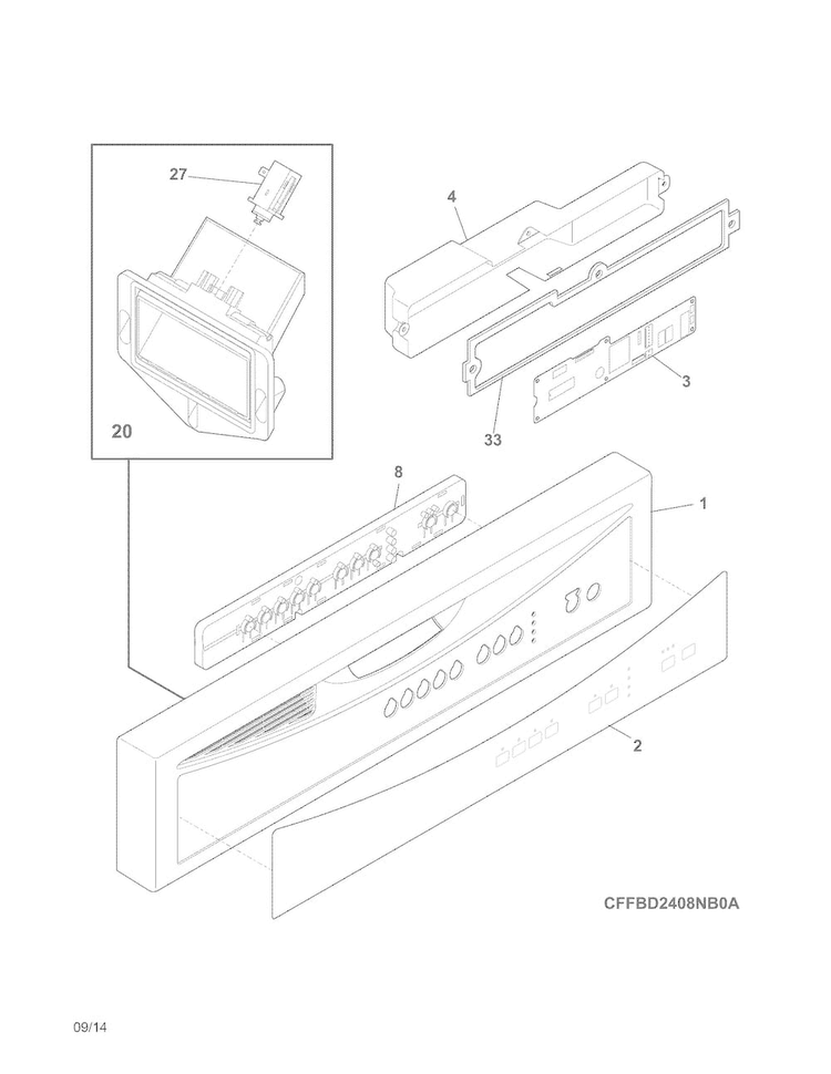 Control Panel Diagram and Parts List for FFBD2408NM2A  Frigidaire Dishwasher