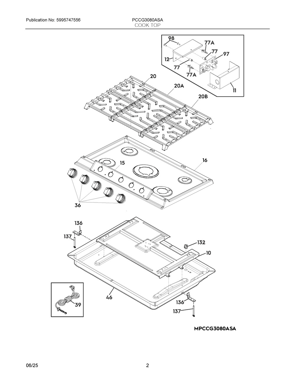 Cook Top Diagram and Parts List for PCCG3080ASA  Frigidaire Range