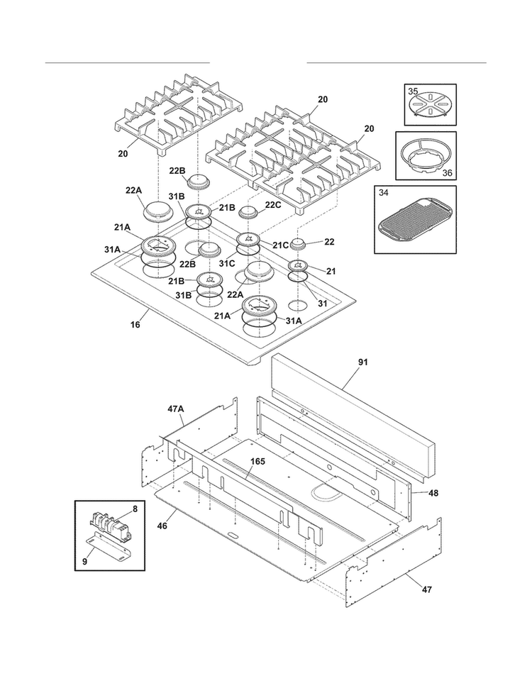 Main Top Diagram and Parts List for E36DF7CGPS4  Electrolux Range