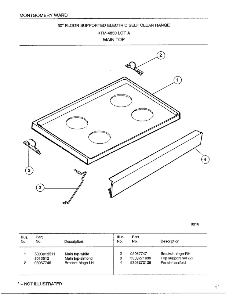 Main Top Diagram and Parts List for 4853A  Frigidaire Range