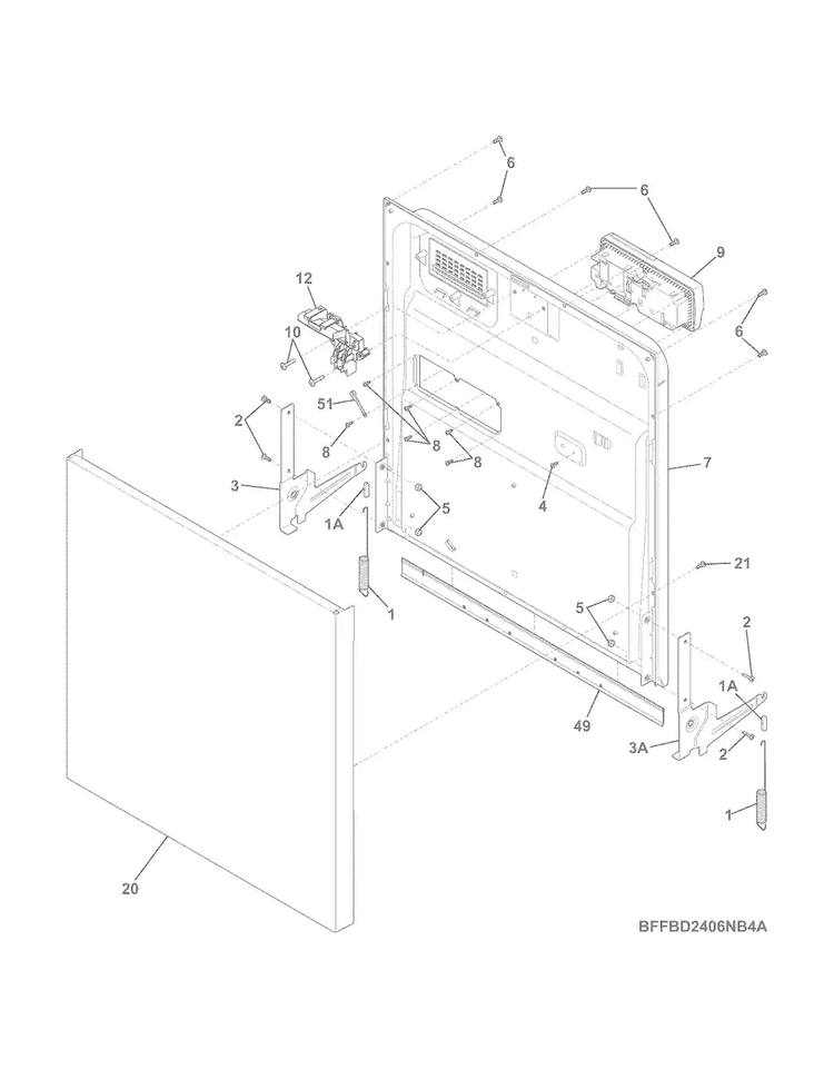 Door Diagram and Parts List for FFBD2406NB4A  Frigidaire Dishwasher