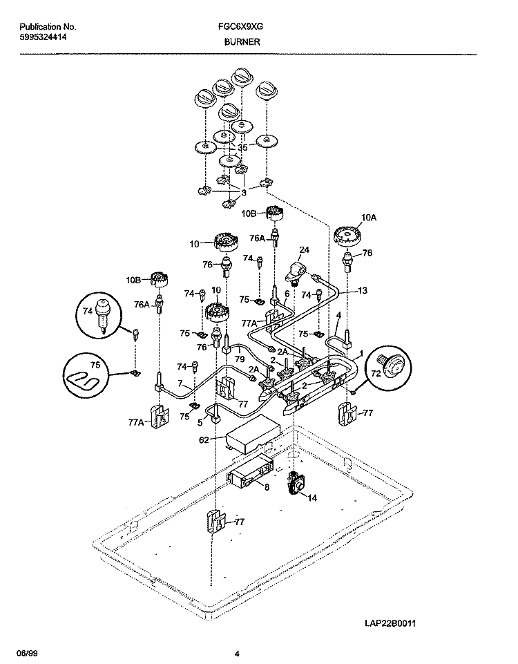 BURNER Diagram and Parts List for FGC6X9XGSA  Frigidaire Cooktop
