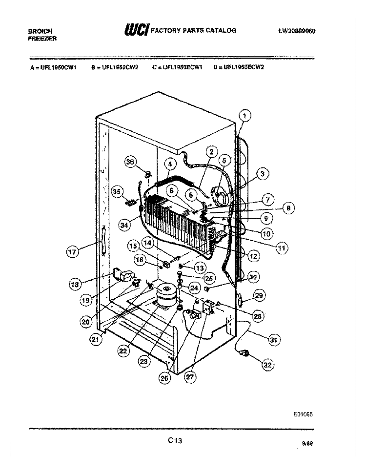 SYSTEM Diagram and Parts List for UFL1950CW2  Frigidaire Freezer