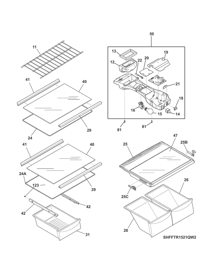 Shelves Diagram and Parts List for FFTR1521QW2  Frigidaire Refrigerator