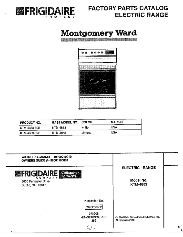 Electric Range Cover Page Diagram and Parts List for 4853  Frigidaire Range