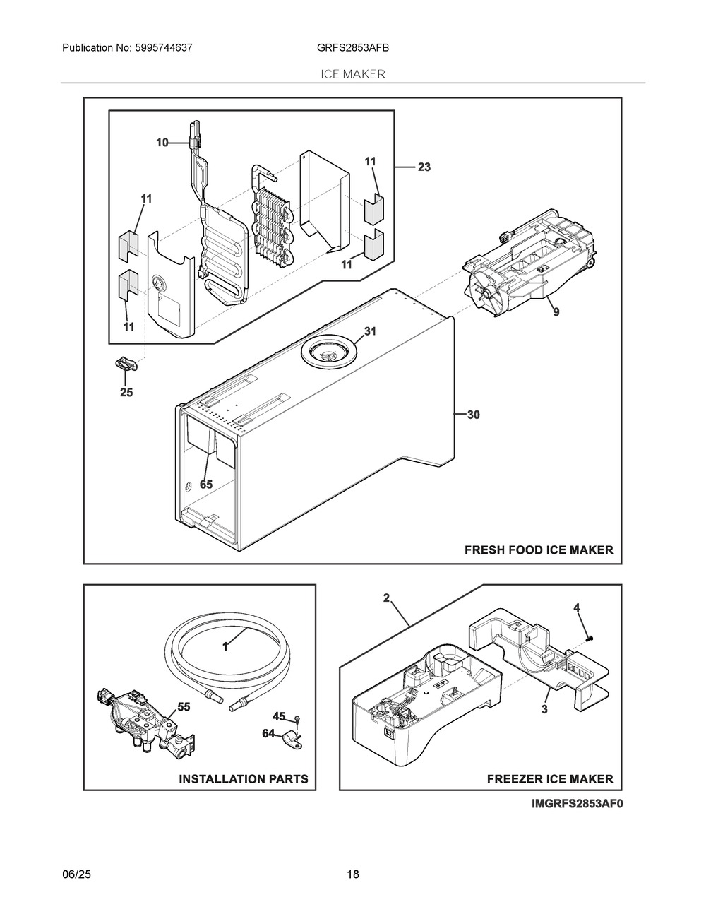Ice Maker Diagram and Parts List for GRFS2853AFB  Frigidaire Refrigerator