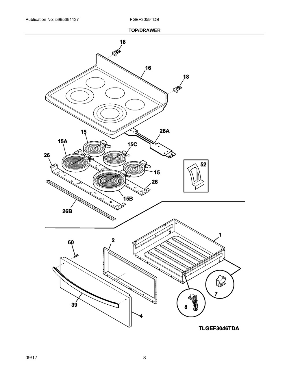 Top/drawer Diagram and Parts List for FGEF3059TDB  Frigidaire Range