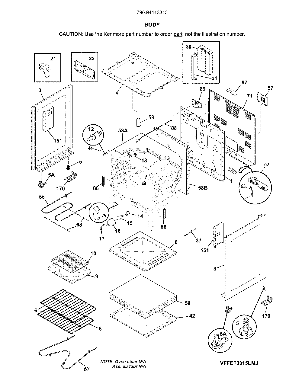 Body Diagram and Parts List for 79094143313  Kenmore Range