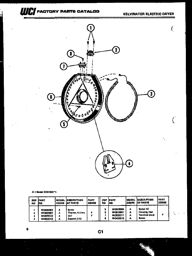 HEATER AND HOUSING Diagram and Parts List for DES100CD1  Kelvinator Dryer