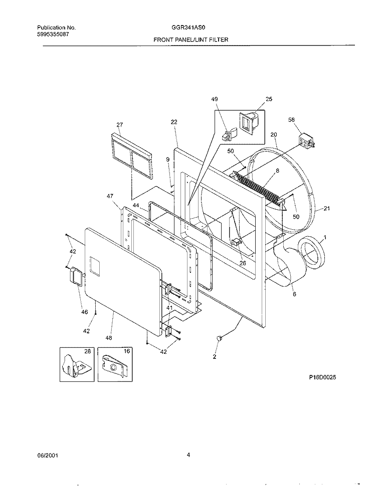 FRNT PNL, DOOR Diagram and Parts List for GGR341AS0  Gibson Dryer