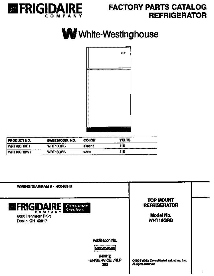 TOP MOUNT REFRIGERATOR Diagram and Parts List for WRT18QRBD1  Frigidaire Refrigerator