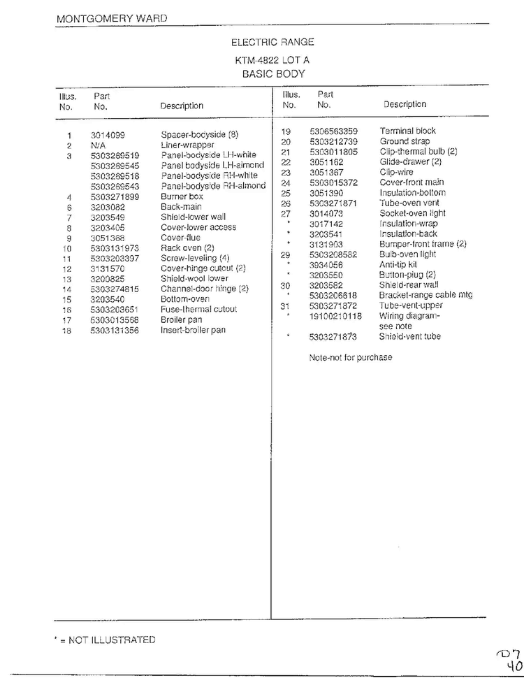 Basic Body Page 2 Diagram and Parts List for 4822A  Frigidaire Range