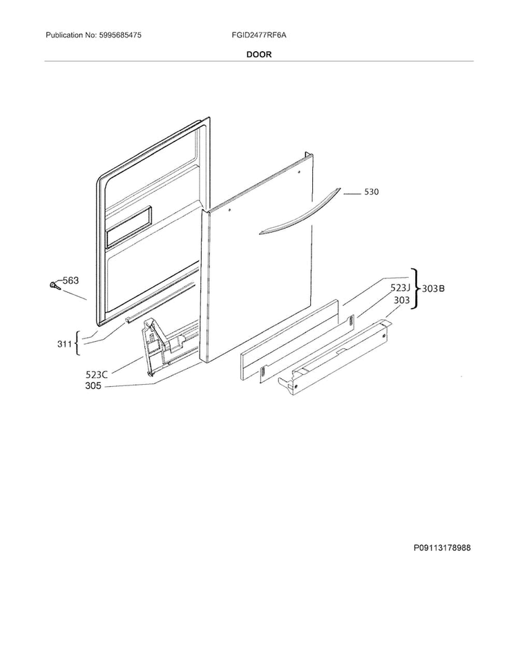 Door Diagram and Parts List for FGID2477RF6A  Frigidaire Dishwasher