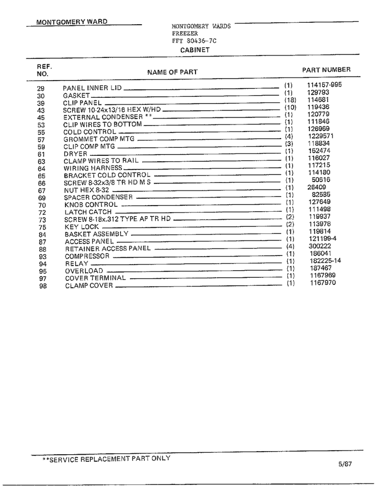 Cabinet Page 2 Diagram and Parts List for 80436-7C  Frigidaire Freezer