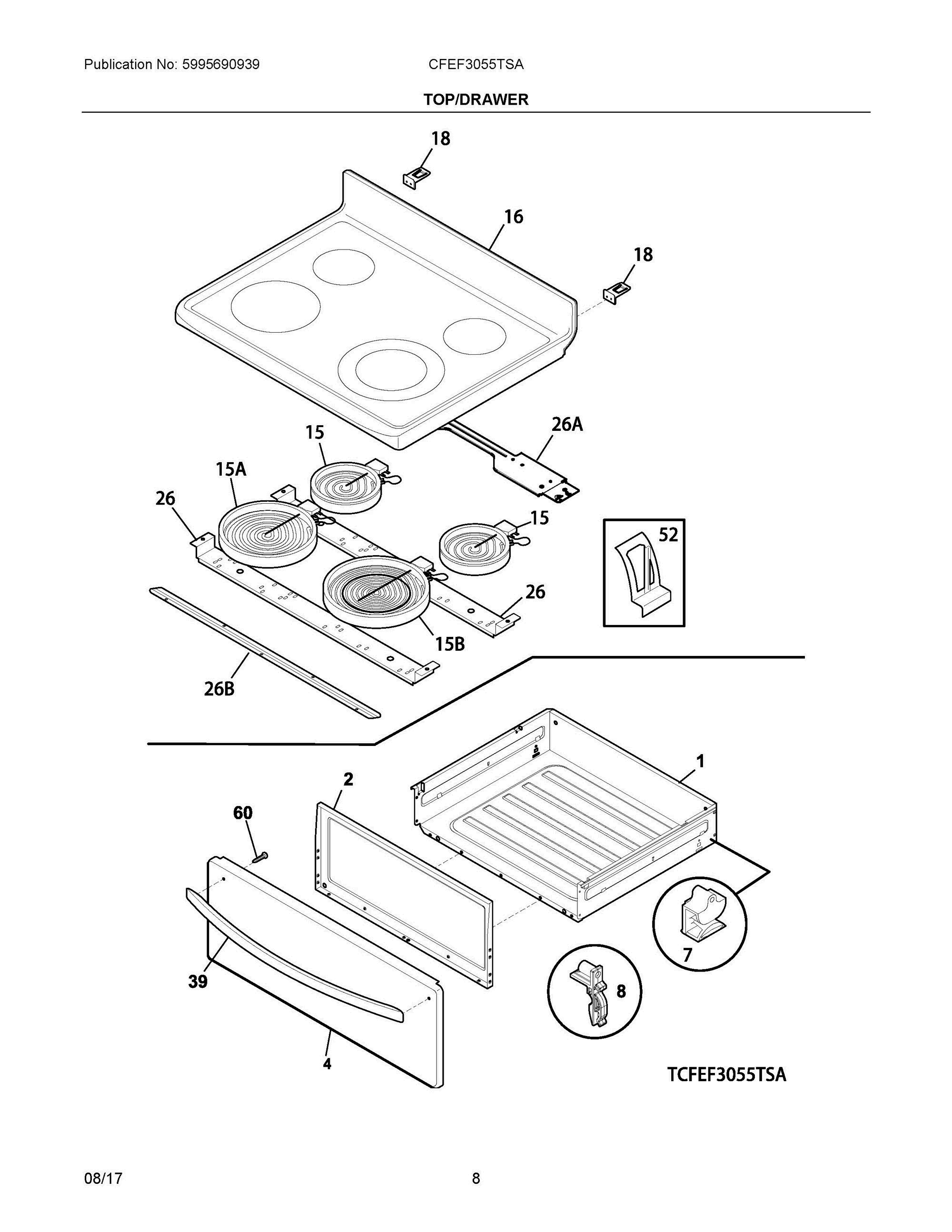 04 - TOP/DRAWER Diagram and Parts List for CFEF3055TSA  Frigidaire Range