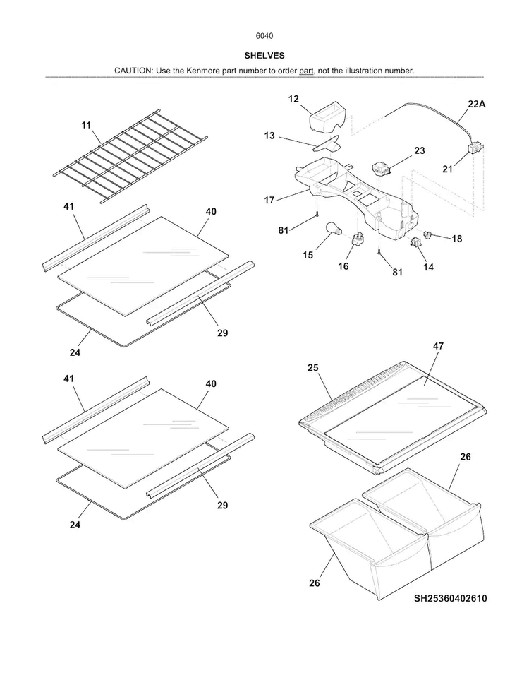 Shelves Diagram and Parts List for 25360402610  Kenmore Refrigerator
