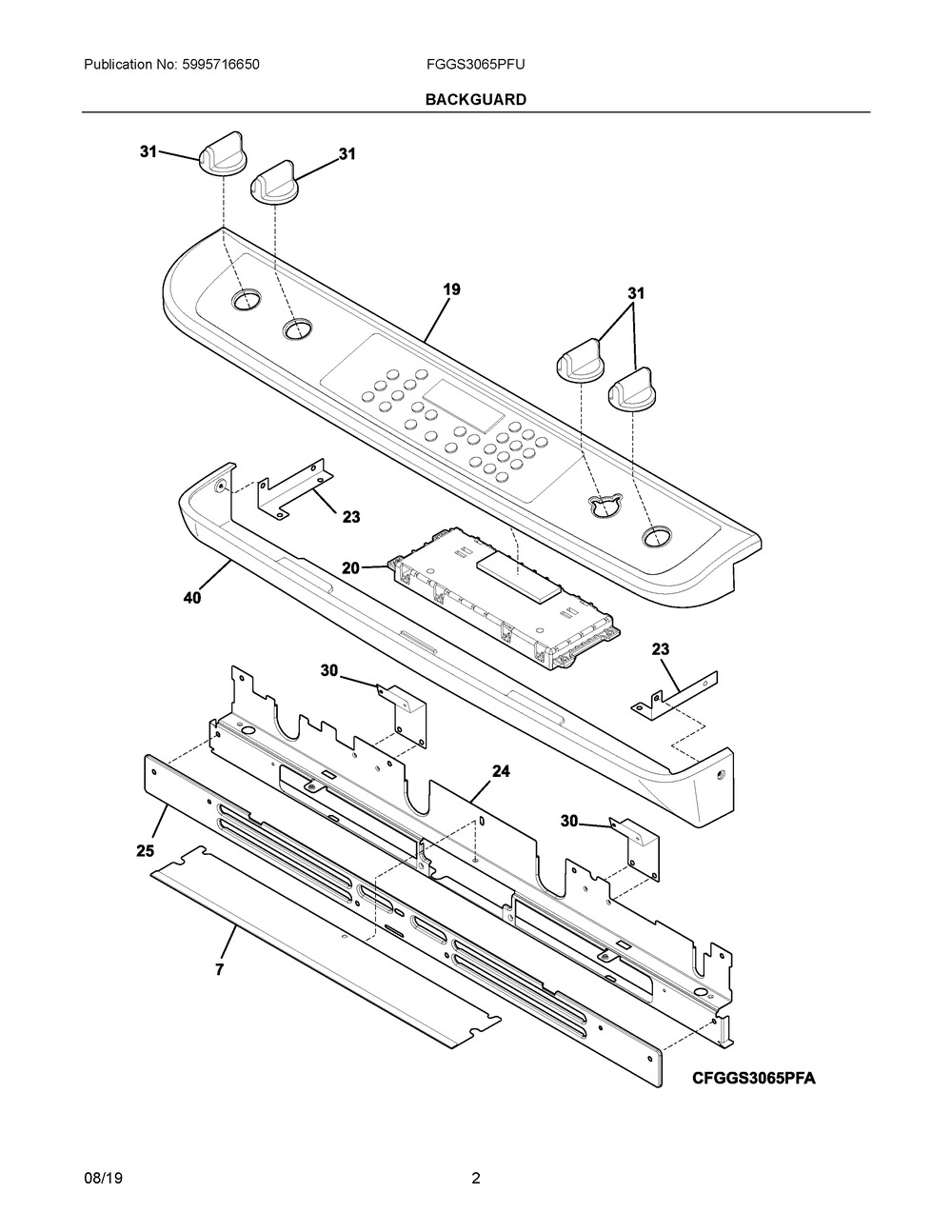Backguard Diagram and Parts List for FGGS3065PFU  Frigidaire Range