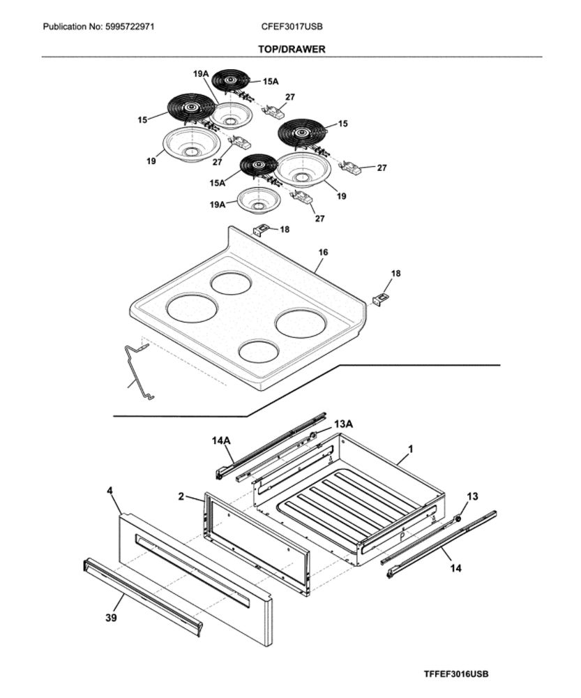 Top/Drawer Diagram and Parts List for CFEF3017USB  Frigidaire Range