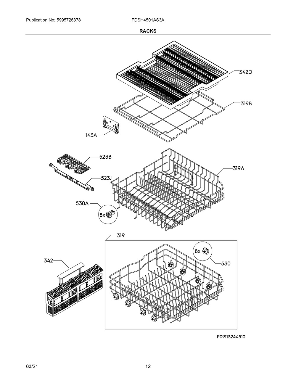 Racks Diagram and Parts List for FDSH4501AS3A  Frigidaire Dishwasher