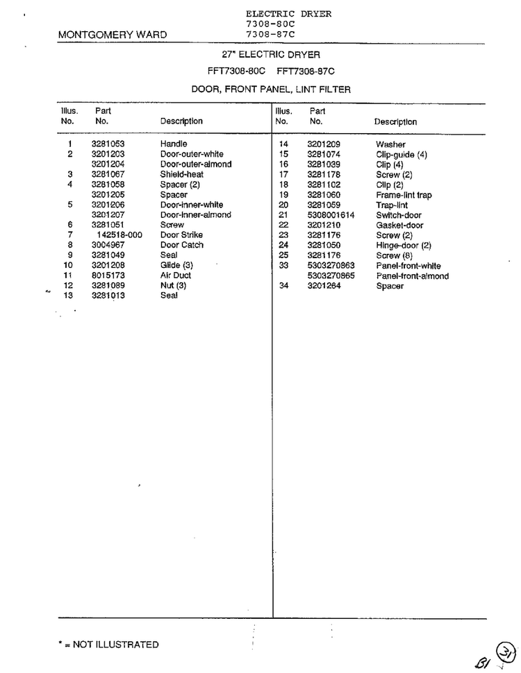 Door, Front Panel, Lint Filter Page 2 Diagram and Parts List for 7308-87C  Frigidaire Dryer