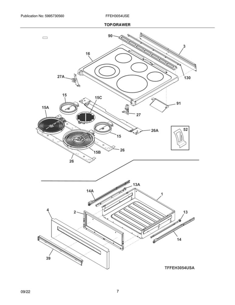 Top/Drawer Diagram and Parts List for FFEH3054USE  Frigidaire Range