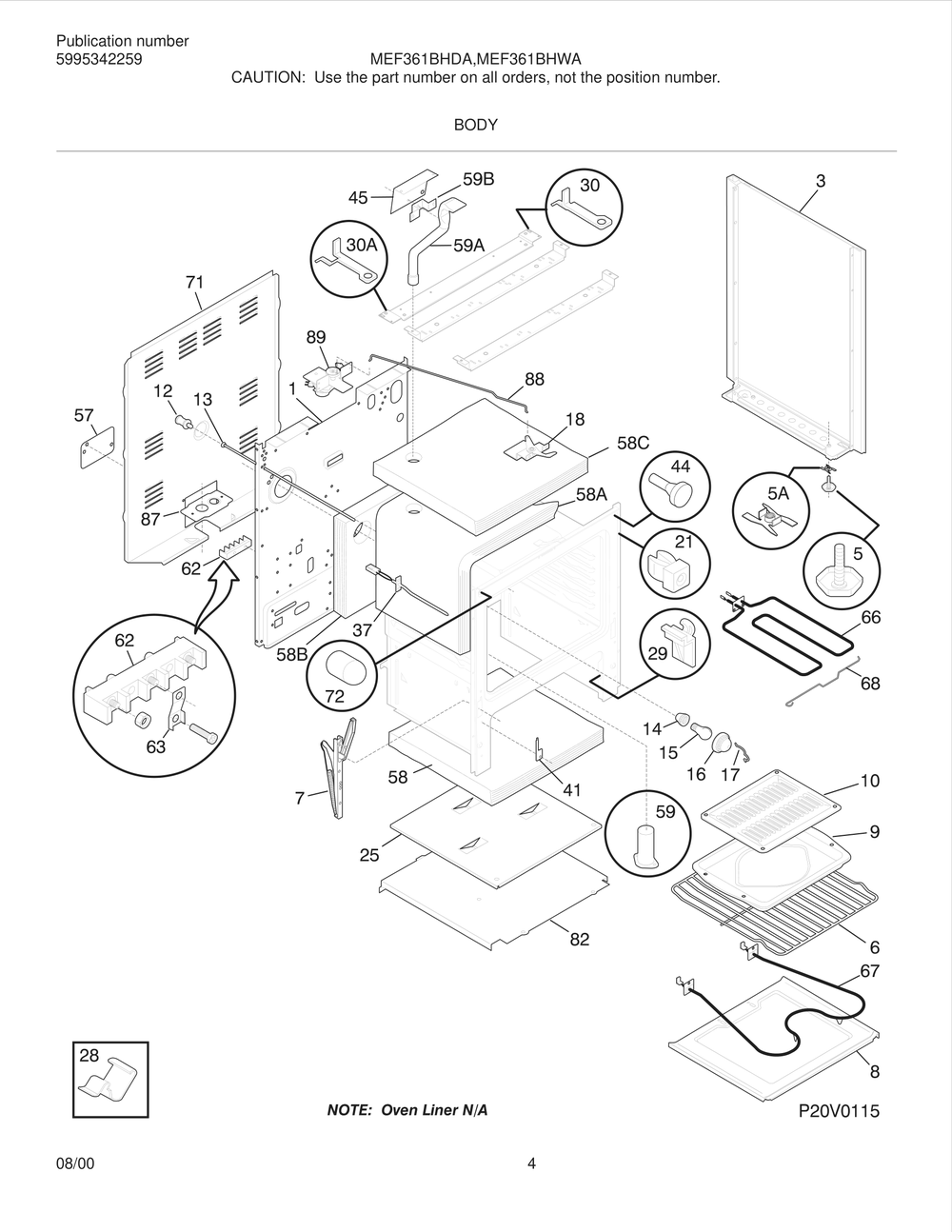 Body Diagram and Parts List for MEF361BHWA  Frigidaire Range