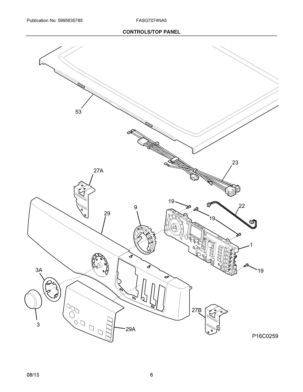 Controls/top Panel Diagram and Parts List for FASG7074NA5  Frigidaire Dryer