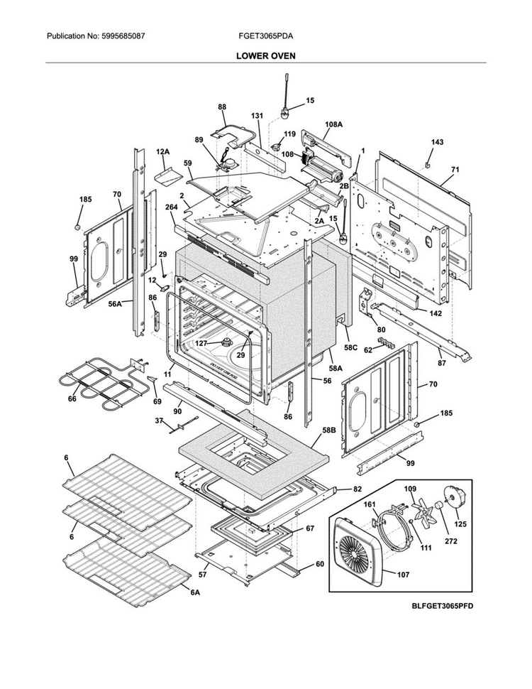 Lower Oven Diagram and Parts List for FGET3065PDA  Frigidaire Wall Oven