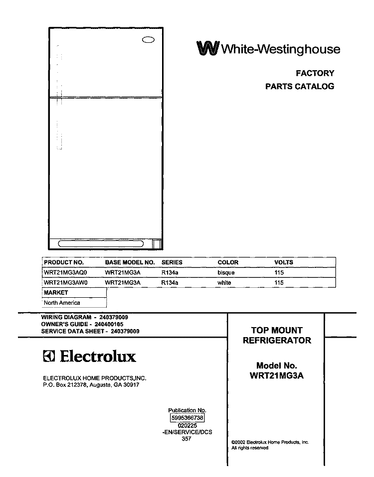 COVER Diagram and Parts List for WRT21MG3AQ0  Westinghouse Refrigerator