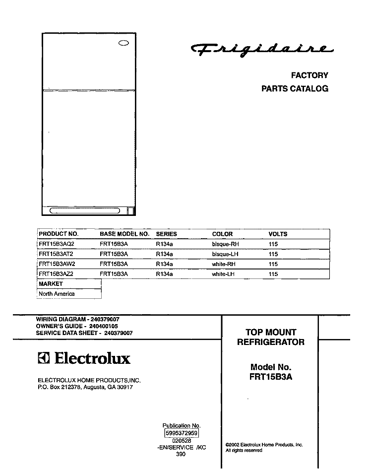 COVER Diagram and Parts List for FRT15B3AQ2  Frigidaire Refrigerator