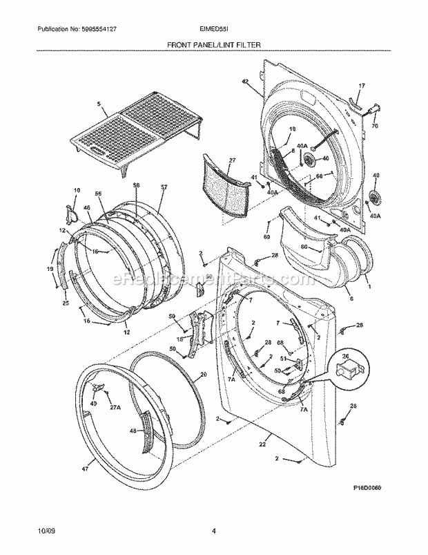 FRONT PANEL/LINT FILTER Diagram and Parts List for EIMED55IIW0  Electrolux Dryer