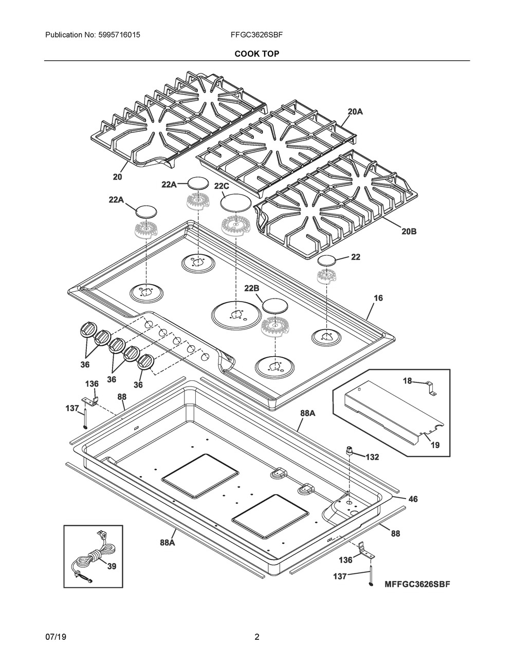Cook Top Diagram and Parts List for FFGC3626SBF  Frigidaire Cooktop