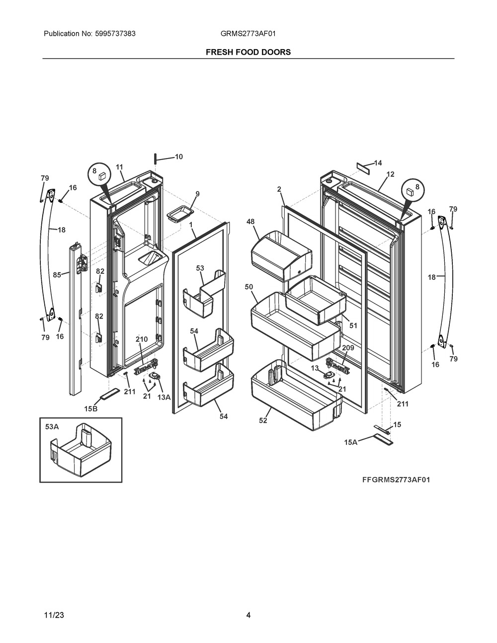 Fresh Food Doors Diagram and Parts List for GRMS2773AF01  Frigidaire Refrigerator