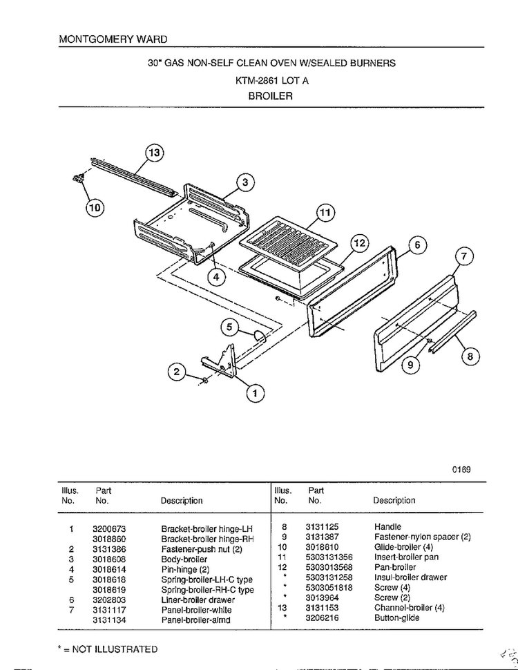 Broiler Diagram and Parts List for 2861A  Frigidaire Range