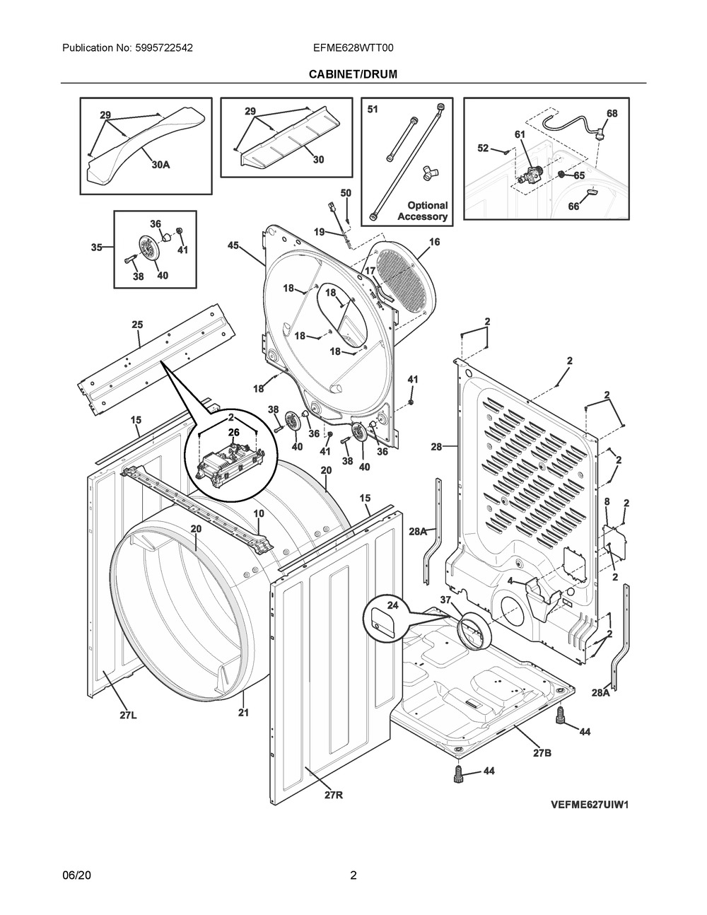 Cabinet/Drum Diagram and Parts List for EFME628WTT00  Frigidaire Dryer