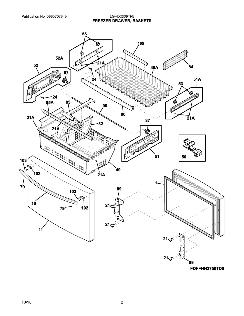 Freezer Drawer, Baskets Diagram and Parts List for LGHD2369TF5  Frigidaire Refrigerator