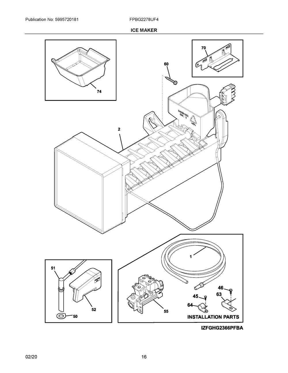 Ice Maker Diagram and Parts List for FPBG2278UF4  Frigidaire Refrigerator