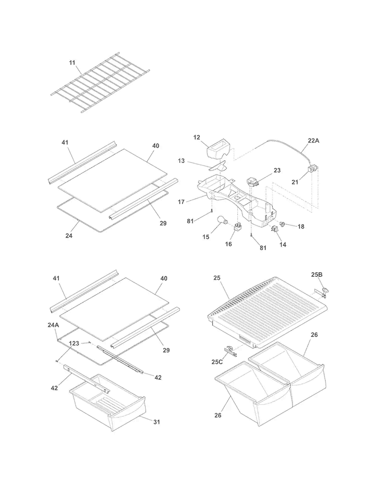 Shelves Diagram and Parts List for FFHT1715LWZ  Frigidaire Refrigerator