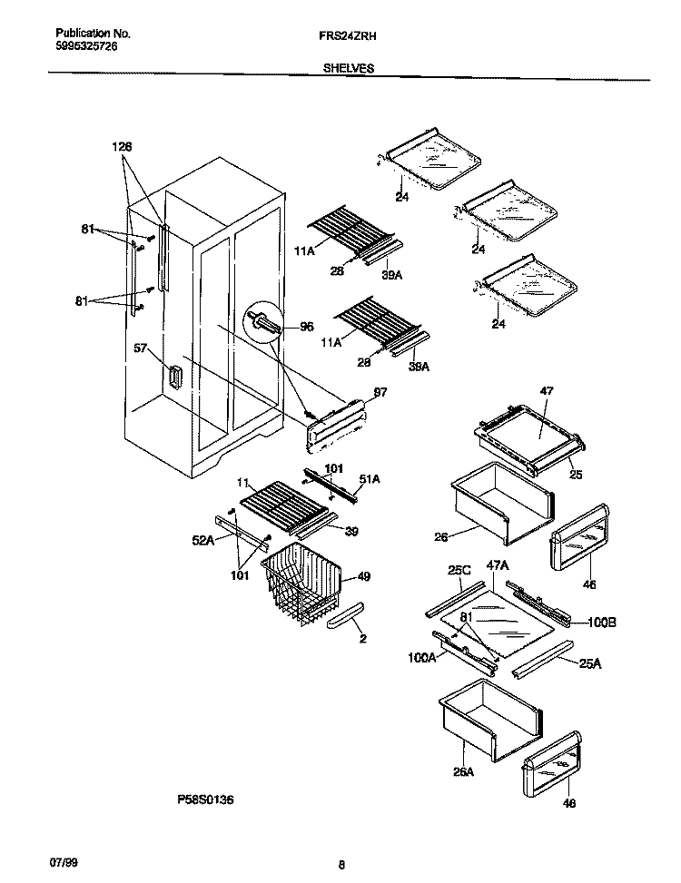 SHELVES Diagram and Parts List for FRS24ZRHD2  Frigidaire Refrigerator