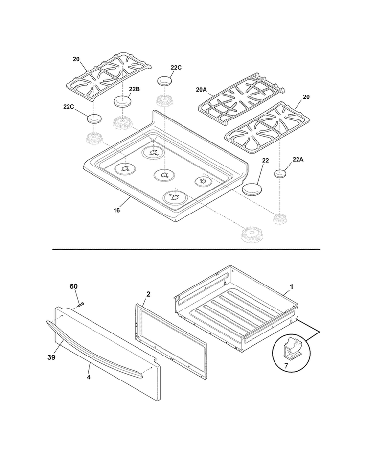 Top/drawer Diagram and Parts List for LGGF3044LQC  Frigidaire Range