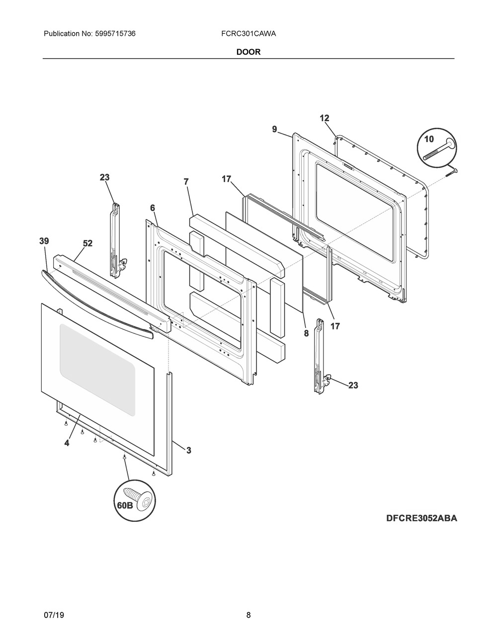 Door Diagram and Parts List for FCRC301CAWA  Frigidaire Range