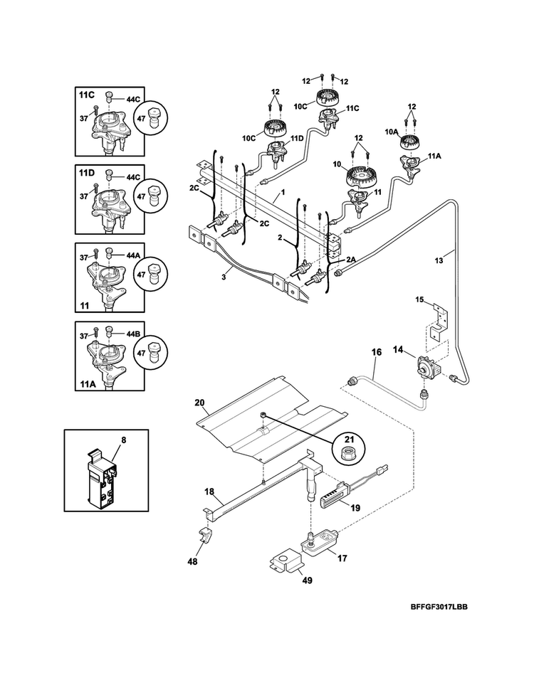 Burner Diagram and Parts List for FFLF3017LWD  Frigidaire Range