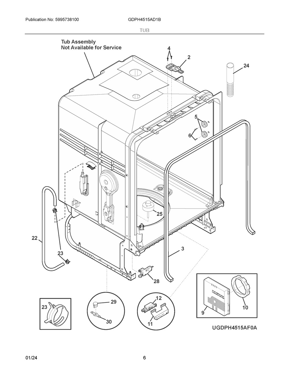 Tub Diagram and Parts List for GDPH4515AD1B  Frigidaire Dishwasher